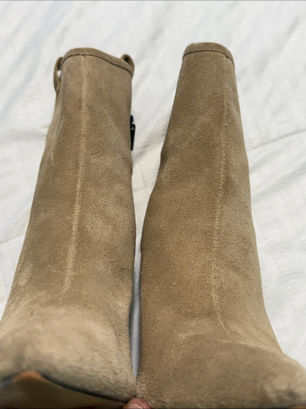 Karl Lagerfeld Taupe Suede Pointed-Toe Ankle Booties with Rhinestone Heel Size 7